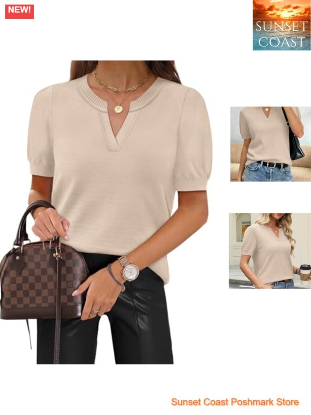 Womens V Neck Short Sleeve Sweater Lightweight Knit Business Casual Top